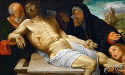 ルネサンス：《キリストへの嘆き》 サヴォルド、ジョヴァンニ・ジローラモ（1480/85-1548）、1515-1520年頃。木に油彩、72,5x118,5。美術史博物館、ヴィエンヌ 作： Giovanni Girolamo Savoldo