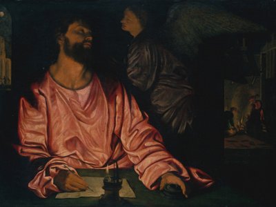 聖マタイと天使。 作： Giovanni Girolamo Savoldo