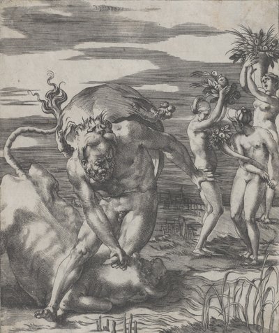 ヘラクレスは雄牛の形をした川の神アケロスを 3 人の女性と打ち負かしています。 1526-27。 作： Giovanni Jacopo Caraglio