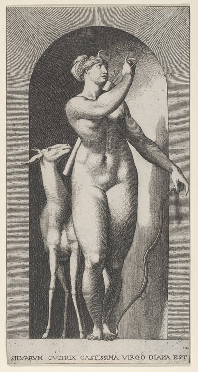 プレート 12: 壁龕に立つダイアナは、左にひねり、矢を引き抜いている。1526 年。 作： Giovanni Jacopo Caraglio