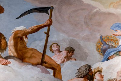 土星、時の神。 「神々の評議会」1624-1625の詳細。 フレスコ画 作： Giovanni Lanfranco