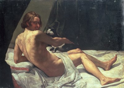 猫と一緒にベッドに横たわっている若い男、1620 作： Giovanni Lanfranco
