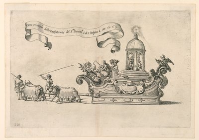 イタリア、レッジョのパレード フロート: 「Carro triumphal della Confraternità del S.to Sacrame.to di S. Stefano」 (聖ステファノの聖体の聖体拝領の凱旋車)。 A. Isacchi のプレート 2a、"Report of Alfonso Isachi around the or 作： Giovanni Luigi Valesio