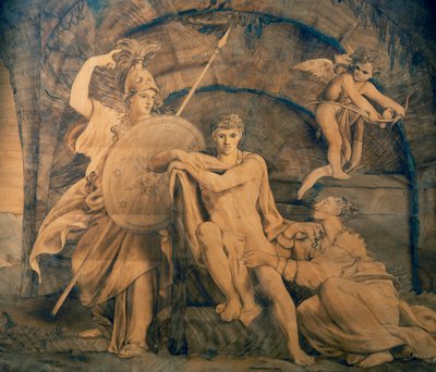 虚栄心と名声の間の交差点にあるヘラクレス、イタリアの画家ジュゼッペ・ディオッティによるデザインのジョヴァンニ・マッフェッツォーリ（1779-1818）による象眼細工の木工品 作： Giovanni Maffezzoli