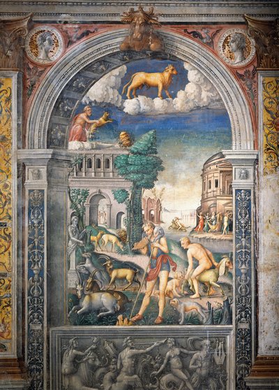 ジョヴァンニ・マリア・ファルコネット（1468-1535）によるフレスコ画、マンチュアのパラッツォ・ダルコ（2008年ユネスコ世界遺産登録）の「黄道十二宮の間」（イタリア・ロンバルディア州 作： Giovanni Maria Falconetto