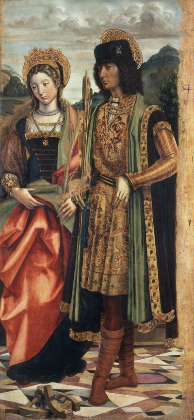 アレクサンドリアの聖カタリナと聖セバスチャン、1496年頃（船上のテンペラ） 作： Giovanni Martino Spanzotti
