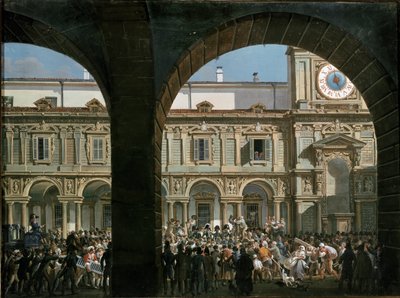 1814年4月21日、ミラノのメルカンティ広場で群衆に語りかけるドメニコ・ピノ（絵画 作： Giovanni Migliara