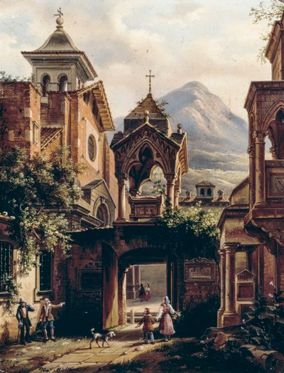ジョヴァンニ・ミリアラ（1785-1837）作「人物のいる古い修道院の外観」（サイン：テオドリンダ・ミリアラ）、油彩・ボード 作： Giovanni Migliara