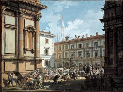 1814年、ナポレオン1世が倒れた時にジュゼッペ・プリナの家を略奪するミラノ市民（油彩・キャンバス 作： Giovanni Migliara