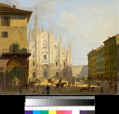 イタリア・ミラノのドゥオモ広場の眺め（ミラノの大聖堂広場） ジョバンニ・ミリアラ（1785-1837）の絵画 1828年 個人蔵 作： Giovanni Migliara