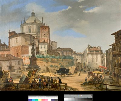 イタリア・ミラノのヴェトラ広場の眺め（View of piazza della Vetra in Milan） 絵画：ジョヴァンニ・ミリアラ（1801-1867） 1833年 個人蔵 作： Giovanni Migliara
