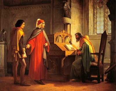 ダンテ・アリギエリ（1265-1321）がジョットをグイド・ダ・ポレンタに紹介する様子、ジョヴァンニ・モチ（1829-1892）作、油彩・ボード 作： Giovanni Mochi