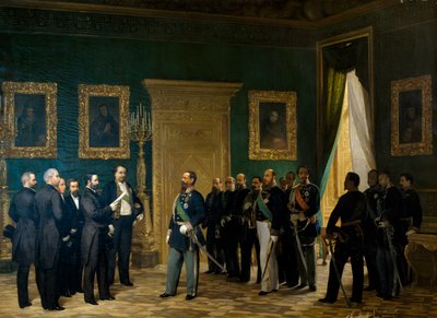 王国への併合令書を持ってトスカーナの代表者を迎えるヴィクトル・エマニュエル2世。イタリア 作： Giovanni Mochi