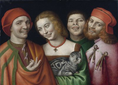 "猫を抱いた女性と3人の男性の肖像" ジョバンニ・パオロ・ロマッツォ（1538-1600）の絵画 個人蔵 作： Giovanni Paolo Lomazzo