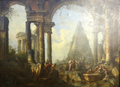 アキレスの墓の前に立つアレキサンダー大王。 作： Giovanni Paolo Panini