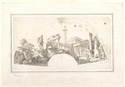 扇のデザイン：ローマ遺跡とファルネーゼ・ヘラクレスのカプリッチョ 作： Giovanni Paolo Panini