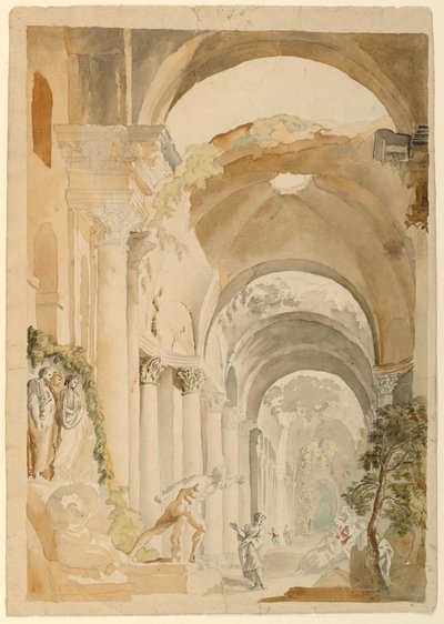 素描、人物のいるローマ遺跡、1745年頃 作： Giovanni Paolo Panini