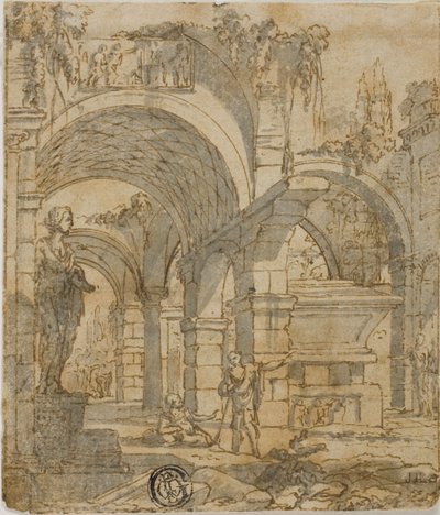 ローマ遺跡と2人の人物 作： Giovanni Paolo Panini