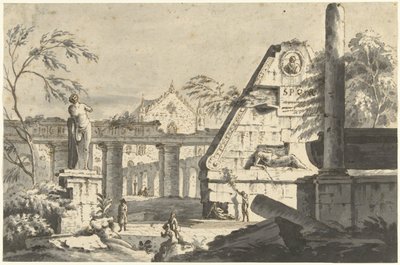 建物や彫像の古代遺跡のある風景 作： Giovanni Paolo Pannini (possibly)