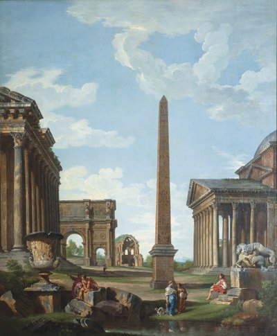 ローマ時代の遺跡とベリサリウスの生涯の場面を描いたカプリッチョ 作： Giovanni Paolo Pannini