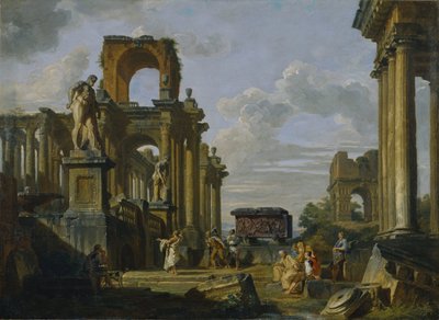 古代遺跡の中に哲学者と兵士がいるローマのフォーラムの建築カプリッチョ 作： Giovanni Paolo Pannini