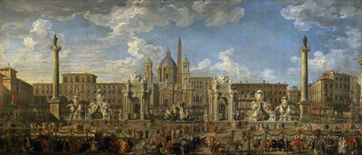 ドーフィンの誕生を祝うためにローマのナヴォーナ広場で開催される花火大会の準備、1729年 作： Giovanni Paolo Pannini