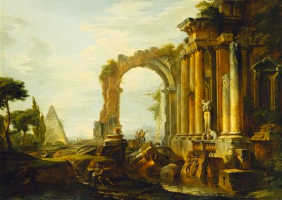 風景の中でのケスティウスのピラミッドと人物像のある古典遺跡のカプリッチョ 作： Giovanni Paolo Pannini