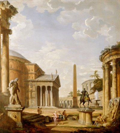 パンテオンのあるローマ遺跡の奇想曲（キャンバスに油彩） 作： Giovanni Paolo Pannini