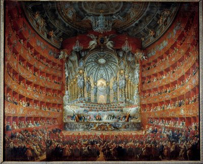 1747年7月15日、ルイ15世の息子であるドルフィン・ルイ・ド・フランス（1729-1765）とザクセンのマリー・ジョゼフとの結婚を記念して、ローマのアルジェンティーナ劇場で行われたコンサート。ジョヴァンニ・パオロ・パンニーニ（パニーニ）（1691-1765）の絵画 作： Giovanni Paolo Pannini