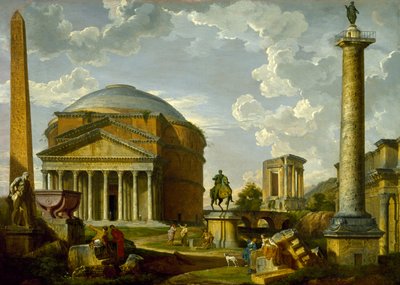 パンテオンやその他の古代ローマのモニュメントのあるファンタジービュー 作： Giovanni Paolo Pannini