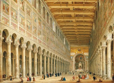 祭壇に向かっているサンパオロフオリレムーラの内部 作： Giovanni Paolo Pannini