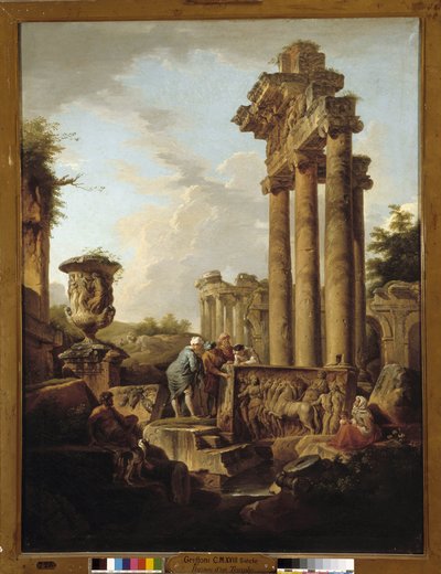 土星の神殿跡のあるローマ遺跡の風景または「考古学者」（油彩・キャンバス 作： Giovanni Paolo Pannini