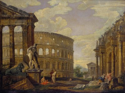 ヘラクレスと古代ローマの遺跡、パニーニ、ジョバンニパオロのある風景 作： Giovanni Paolo Pannini