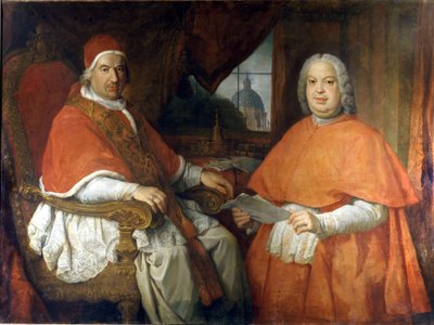 教皇ベネディクト14世（1675-1758）と枢機卿シルヴィオ・ヴァレンティ・ゴンザグの肖像画。ジョヴァンニ・パオロ・パンニーニ（パニーニ）による絵画。18世紀。ローマ国立博物館、ローマ 作： Giovanni Paolo Pannini