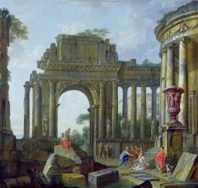 盲目のベリサリウスとローマ時代の遺跡（キャンバスに油彩） 作： Giovanni Paolo Pannini