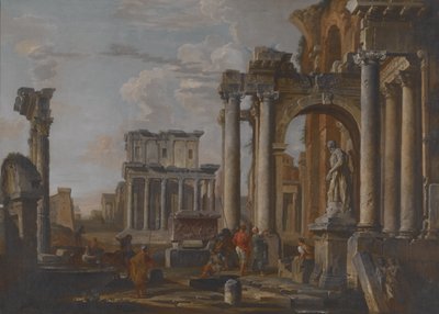 アントニヌスとファウスティナの神殿のある遺跡、c1727-30（キャンバスに油彩） 作： Giovanni Paolo Pannini