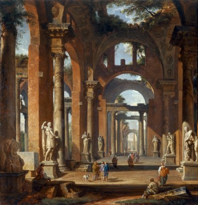 荒廃したアーケードの彫像 作： Giovanni Paolo Pannini