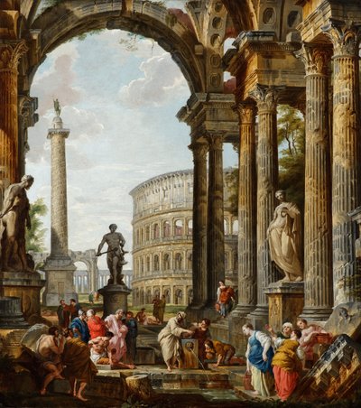 哲学者ディオゲネスがボウルを投げる 作： Giovanni Paolo Pannini