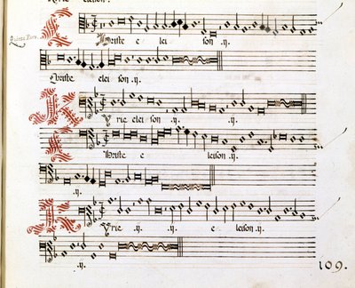 イタリアの作曲家、Giovanni Pierluigi da Palestrina（1525 - 1594）の「マンチュアのメセナ」のキリエ写本。 作： Giovanni Pierluigi da (after) Palestrina
