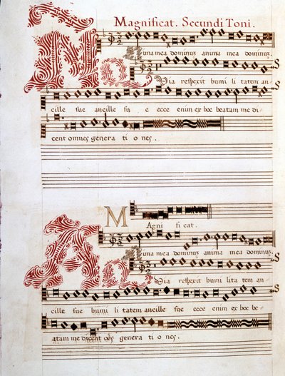 イタリアの作曲家、ジョヴァンニ・ピエルルイジ・ダ・パレストリーナ（1525 - 1594）の「マンチュアのメセナ」の手稿「マニフィカト」。 作： Giovanni Pierluigi da (after) Palestrina