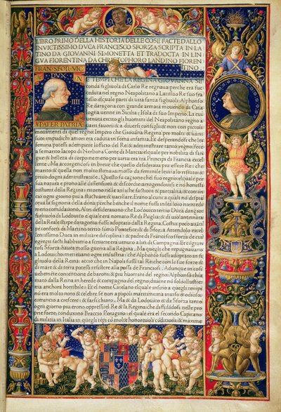 Grenville MS 7251 「Sforziada or The Life of Francesco Sforza」のデラックス コピーの口絵、Ludovico Sforza のために実行、Giovanni Simonetta によって書かれたラテン語原文のイタリア語訳 作： Giovanni Pietro Birago