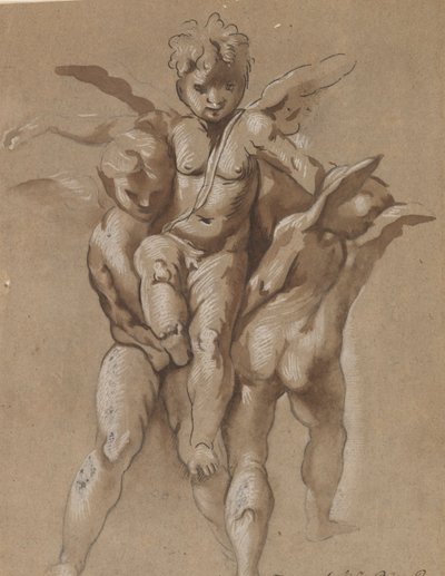 3 番目の Putti (reto) を運ぶ 2 つの Putti。 杖を持つ若者 (裏面) 作： Giovanni Pietro Possenti