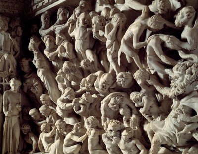 ジョヴァンニ・ピサーノ（1248-1314）が実現した椅子のレリーフの詳細：ダム（大理石の説教壇のレリーフの詳細） 1302-1311年 ピサ大聖堂（Duomo di Pisa）、イタリア 作： Giovanni Pisano
