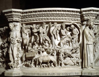 ジョヴァンニ・ピサーノ（1248-1314）が実現した椅子のレリーフの詳細：航海とマギの崇拝（大理石の説教壇のレリーフの詳細、航海とマギの崇拝） 1302-1311年 ピサのカテドラーレ（Duomo di Pisa）、イタリア 作： Giovanni Pisano
