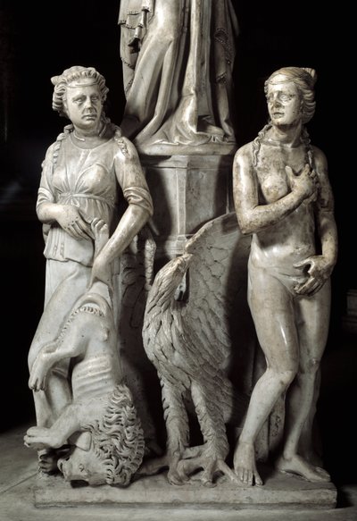 ジョヴァンニ・ピサーノ（1248-1314）が実現した椅子を支える彫刻群の詳細：2つの枢機卿の徳（大理石の説教壇を支える彫刻の詳細、2つの枢機卿の徳） 1302-1311年 ピサ大聖堂（Duomo di Pisa）、イタリア 作： Giovanni Pisano