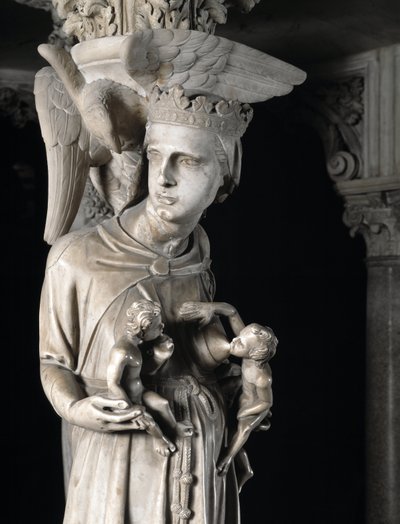 ジョヴァンニ・ピサーノ（1248-1314）が実現した椅子を支える彫刻群の詳細：子供を養う教会（大理石の説教壇を支える彫刻の詳細、子供を養う教会） 1302-1311 ピサの大聖堂（Duomo di Pis 作： Giovanni Pisano