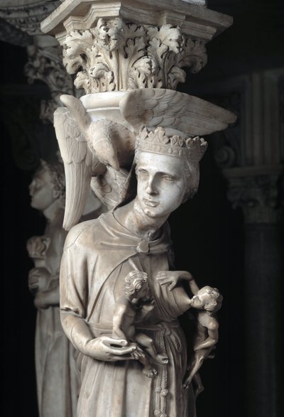ジョヴァンニ・ピサーノ（1248-1314）が実現した椅子を支える彫刻群の詳細：子供を養う教会（大理石の説教壇を支える彫刻の詳細、子供を養う教会） 1302-1311 ピサの大聖堂（Duomo di Pis 作： Giovanni Pisano