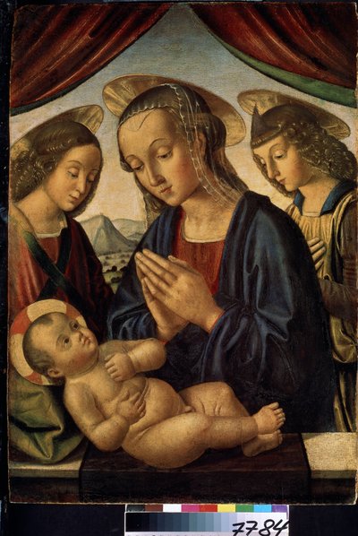 The Virgin and Child with Angels (聖母子 with 天使)。 イエス・キリストの光輪には十字架が付けられています。 ジョヴァンニ・ディ・サンテ・ディ・ピエトロまたはジョヴァンニ・サンティまたはサンツィオ（1435～1494年頃）による絵画。 木にテンペラ、62 x 44 cm 作： Giovanni Santi or Sanzio