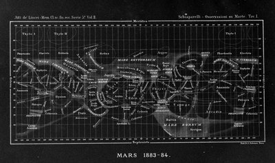 ジョバンニ・ヴィルジニオ・スキャパレリ（1835-1910）が作成した火星の地図。火星で直線的な形状を観察し、これを火星運河（canali）と呼んだ。1883-1884 作： Giovanni Schiaparelli