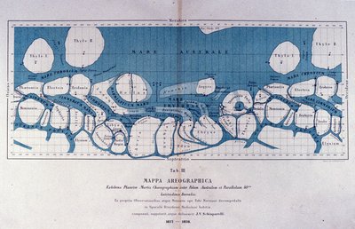 ジョバンニ・ヴィルジニオ・スキャパレリ（1835-1910）が作成した火星の地図。火星で直線的な形状を観察し、これを火星運河（canali）と呼んだ。1877-1878 作： Giovanni Schiaparelli